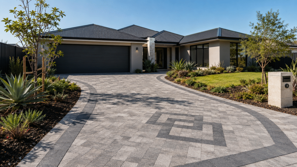 Galactic LAndscaping Professional paving installation in a modern outdoor space with stone pavers, gravel pathways, garden edging and landscaped planting.