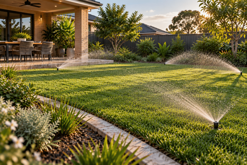 Natural Turf Installation Across Perth 2 sprinklers in a modern backyard
