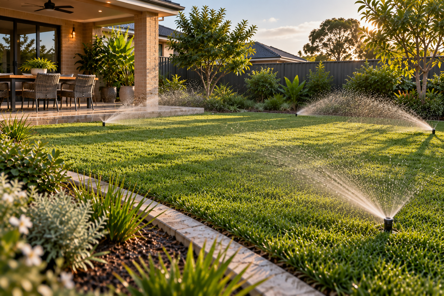 Natural Turf Installation Across Perth 2 sprinklers in a modern backyard