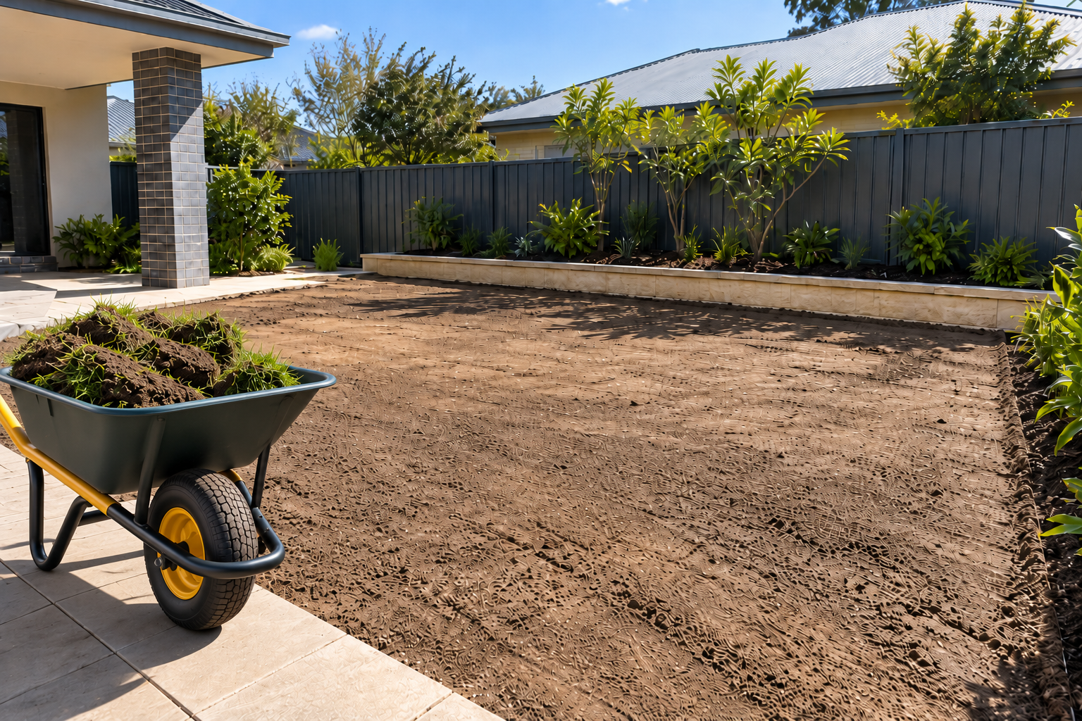 Natural Turf Installation Across Perth 3 modern backyard renovation with wheelbarrow