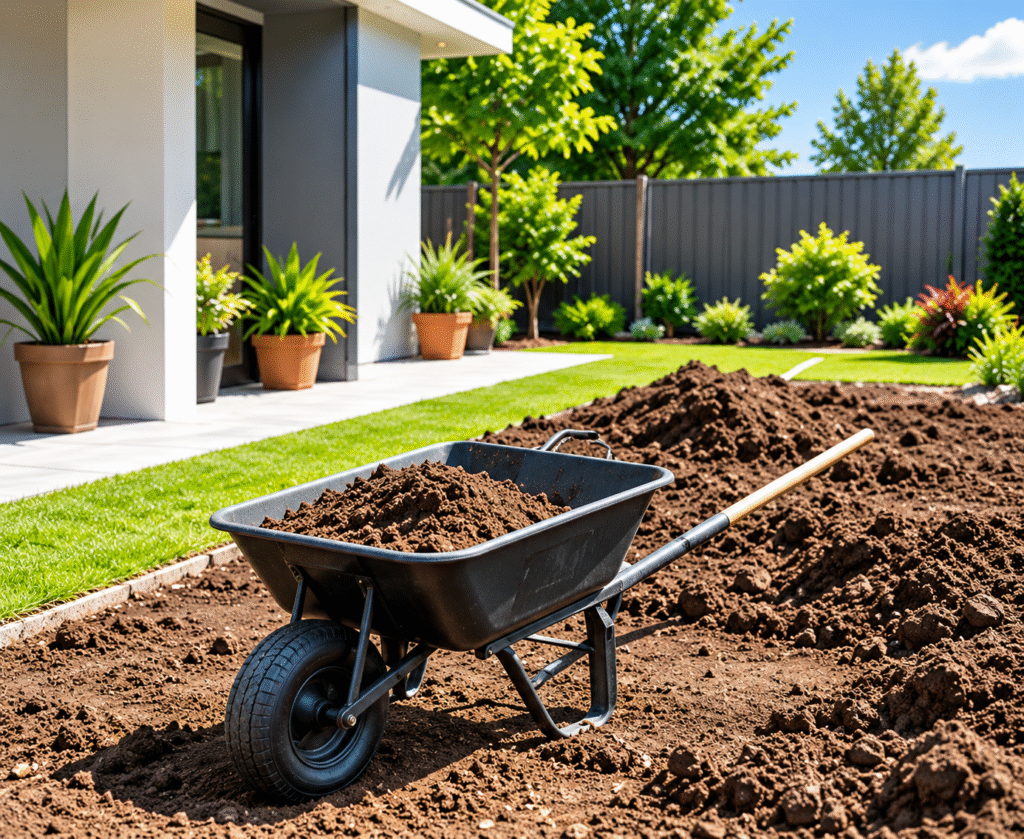 Natural Turf Installation Across Perth wheelbarrow and fresh garden soil